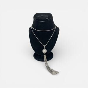 Long Silver Tone Tassel Necklace Rhinestone Pave Ball 30” Snake Chain Pendant